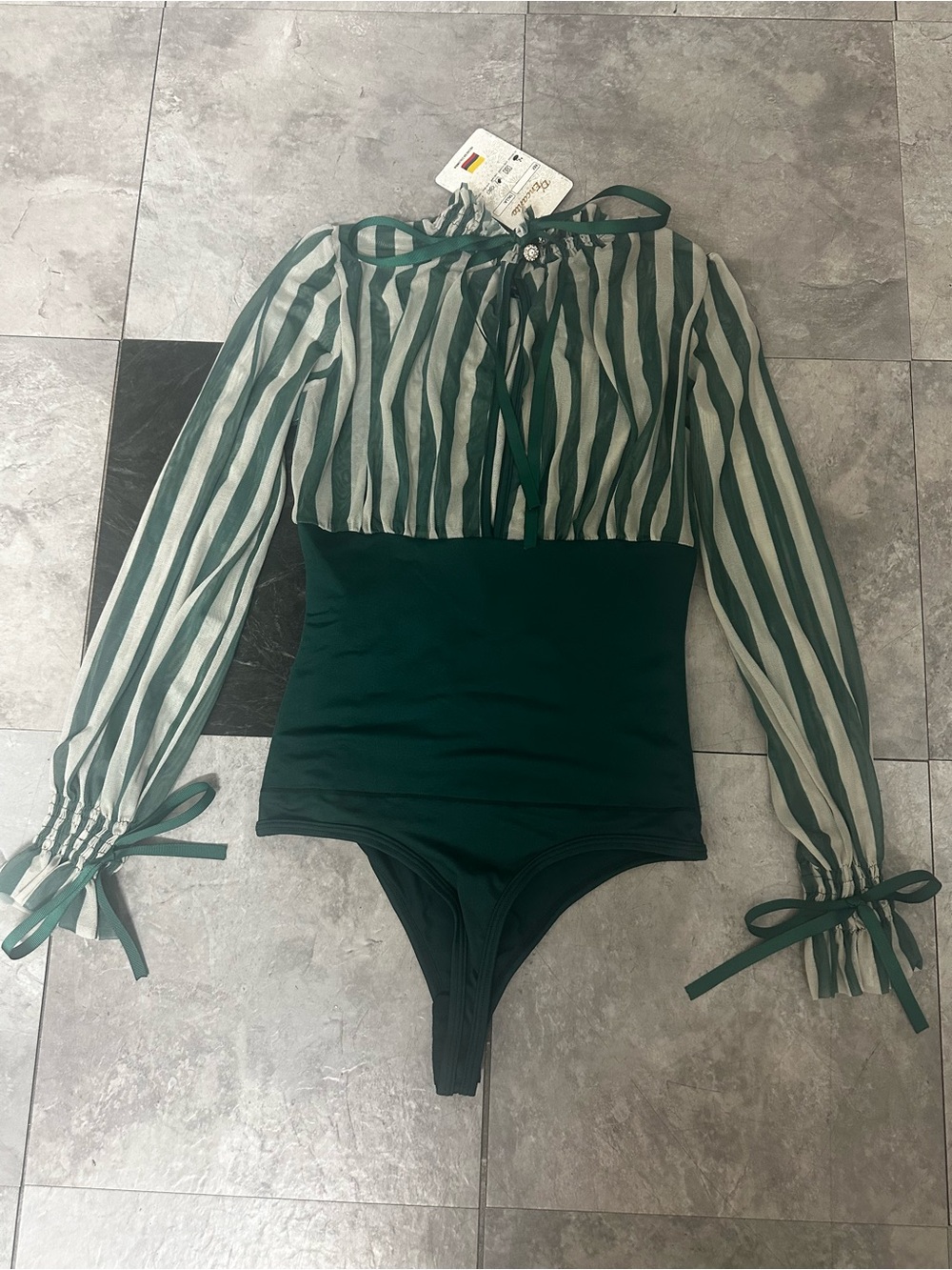Striped Sheer Sleeve Green Bodysuit